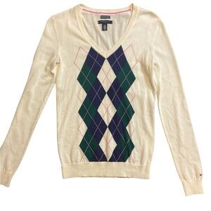 Tommy Hilfiger Pima Cotton Cream w/Argyle Front V-Neck Pullover Sweater. Size XS